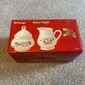 Sango Silent Night Christmas Sugar and Creamer 3 Piece Set Winter Village Korea
